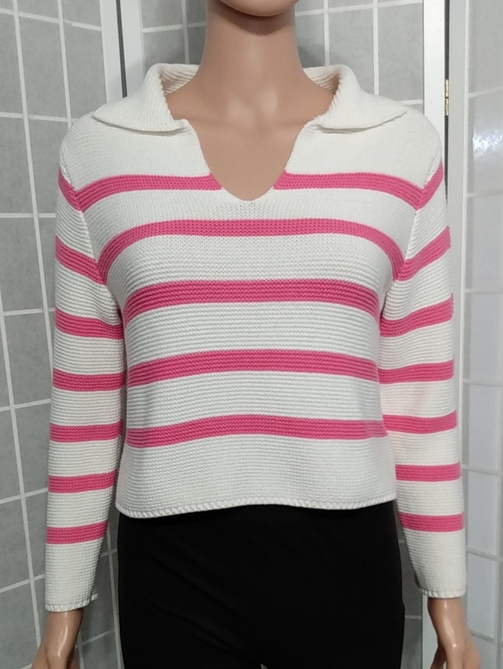 Jessica Simpson White Sweater Top W/ Pink Stripes V-Neck- Women's Small